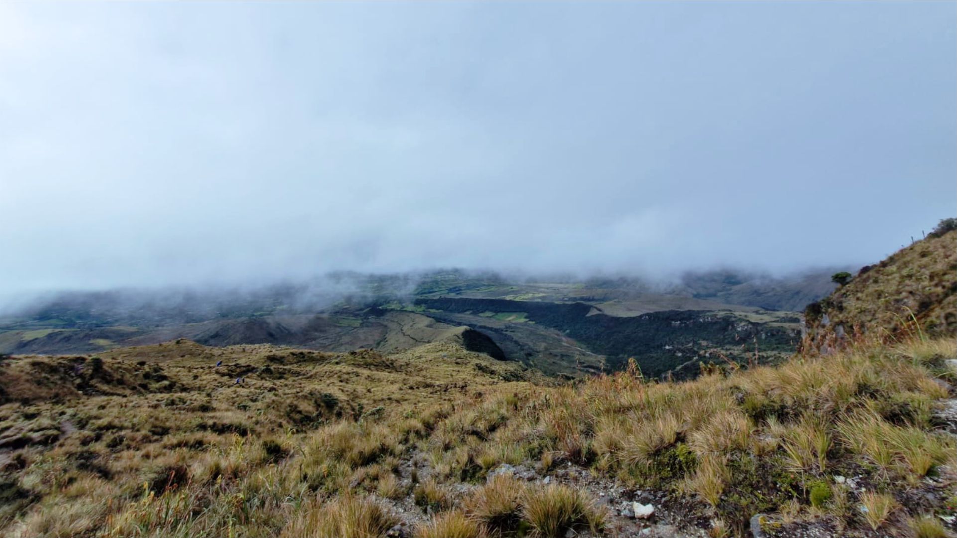 Paisaje montañoso envuelto en niebla, con laderas cubiertas de hierba en primer plano. Una densa capa de nubes oculta los valles lejanos, creando una atmósfera tranquila y misteriosa.